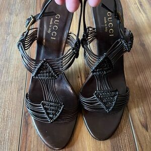 Gucci brown leather heels sandals size 8 B